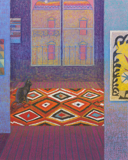 JJ Manford New York City Loft with Navajo Rug and Matisse Poster, 2019 oil stick, oil pastel, and flashe on burlap over canvas 60 x 48 in. (152.4 x 121.9 cm.)