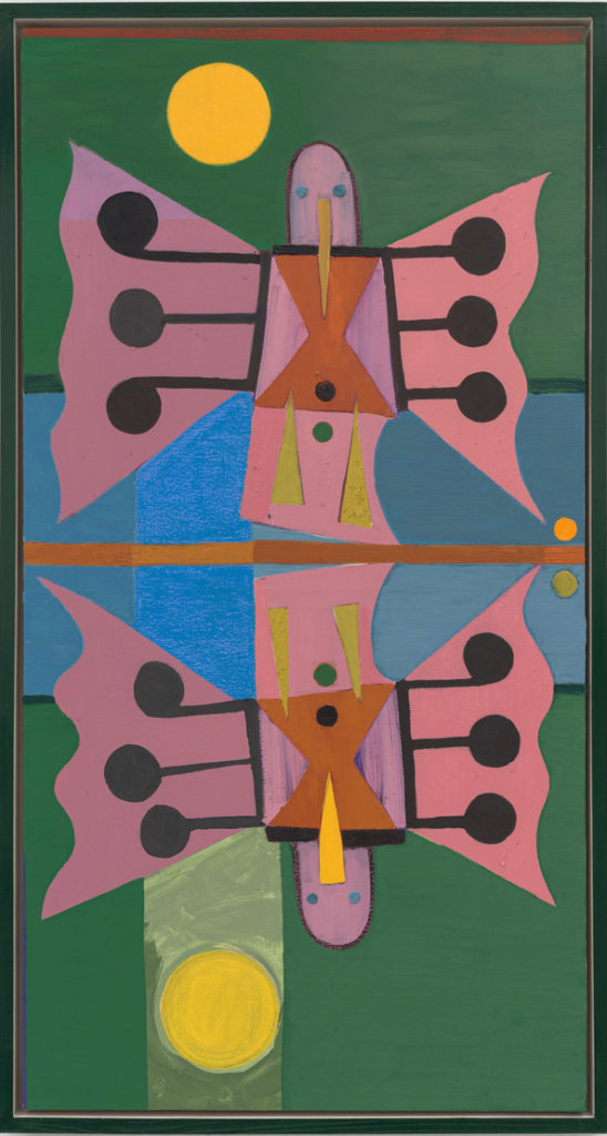Austin Eddy So Mild Is The Monotone Evening, Wrapped Around A Slow Land, 2019-2020 Oil, flashe, colored pencil, paper on canvas in artists frame 48 x 26 in. (121.9 x 66 cm.)