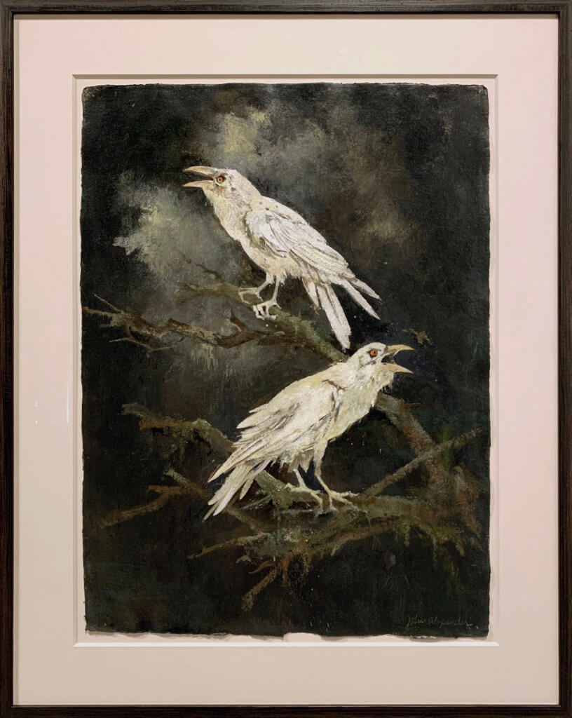 John Alexander Albino Ravens, 2020 oil on unstretched canvas, framed 30 1/2 x 22 1/2 in. (77.5 x 57.1 cm.)