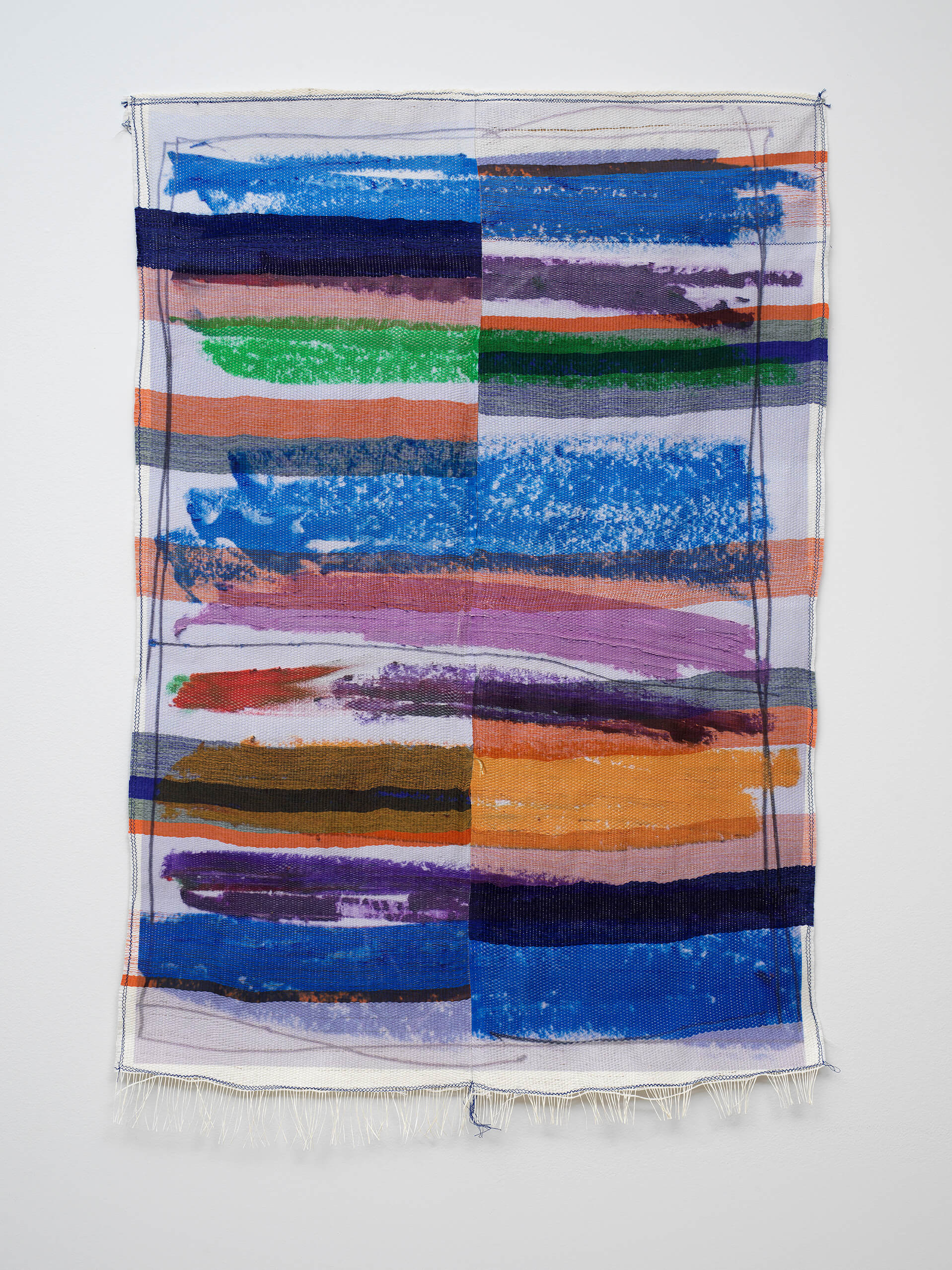 Marie Hazard in between lines, 2021 hand woven in paper and polyester threads and digital print 49 1/4 x 33 1/2 in. (125 x 85 cm.)