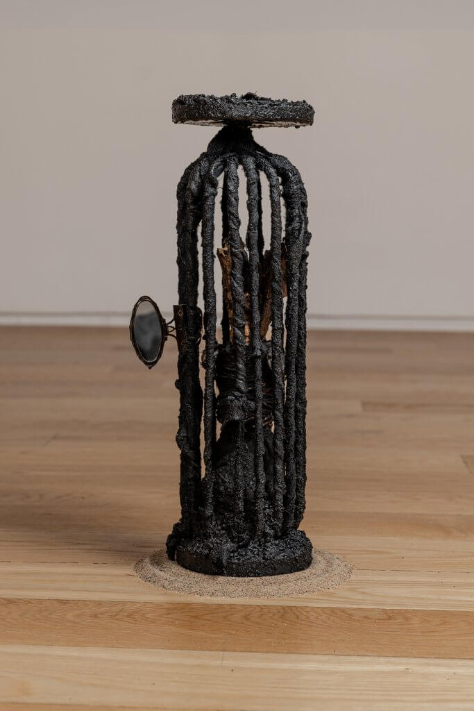 Angie Jennings Untitled, 2021 found metal structure, found fabric, decomposed granite, wood, mirror, acrylic, resin 16 x 4 x 4 in. (40.6 x 10.2 x 10.2 cm.)