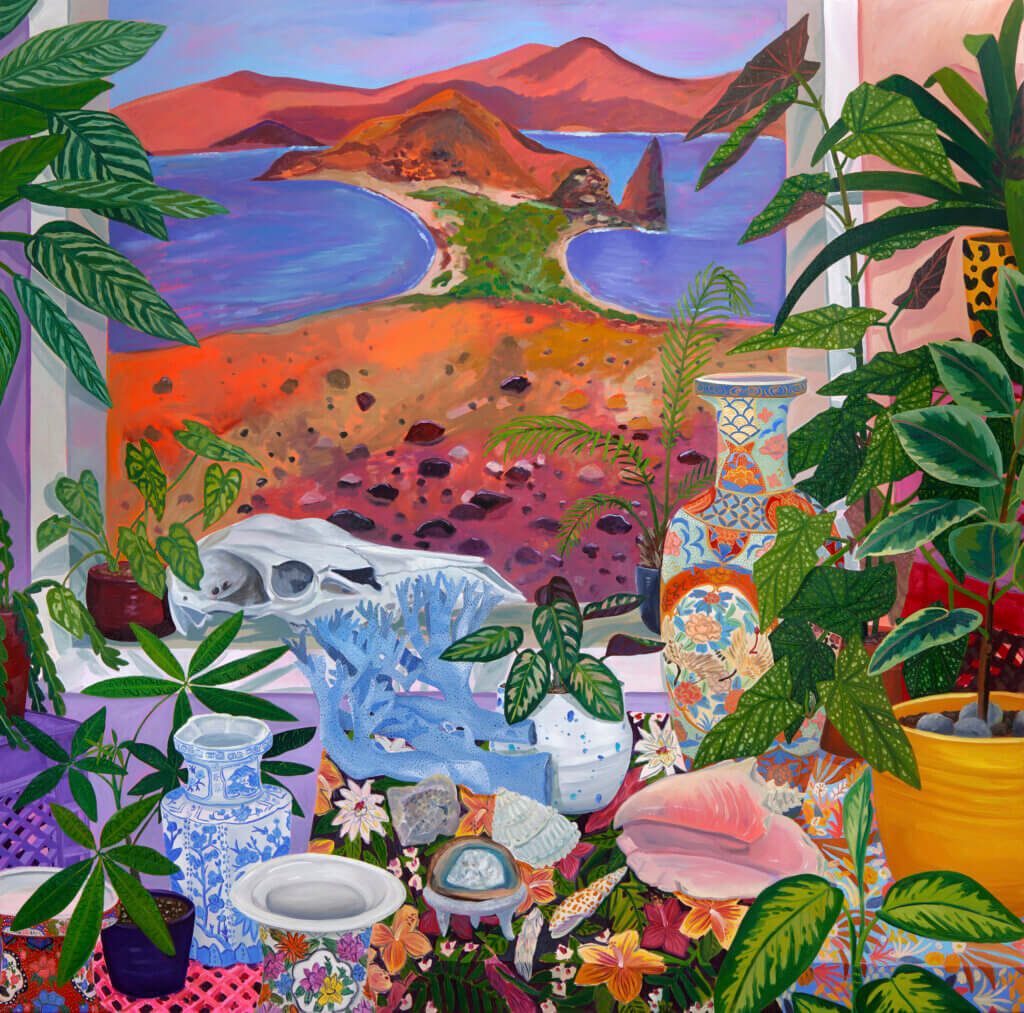 Anna Valdez Studio Subjects with Island Landscape, 2022 oil and acrylic on canvas 72 x 72 in. (182.9 x 182.9 cm.)