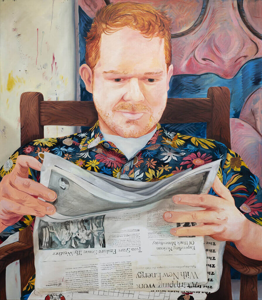 Rebecca Ness Justin Reading in a Floral Shirt, 2019, oil on canvas