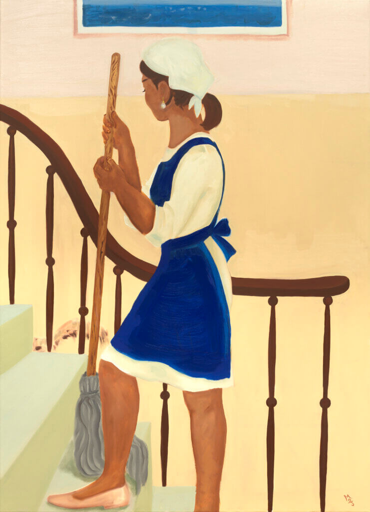 Maria Farrar Housekeeper and dog, 2023 oil on linen 70 3/4 x 51 1/4 in. (180 x 130 cm.)