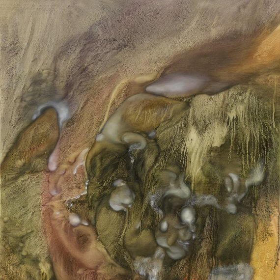 Sihan Guo spleens and heartwood, veins and xylems, slithering, bulging, to escape from the stem, rugged and gritty, olive greens, dusty pinks, 2024 oil on wood panel 47 1/4 x 43 1/4 in. (120 x 110 cm.)