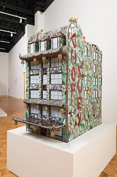 Stephanie H. Shih Toy Building (Dream House), 2025 Chinese export porcelain, crowdsourced and found objects, archaeological ceramic fragments from a Chinese fishing village on Monterey Bay (c. 1850–1906), stained glass, polished stones, ceramic, glass rods, resin, enamel, and grout on ferrocement, polystyrene, and steel 51 x 25 x 45 in. (129.5 x 63.5 x 114.3 cm.)