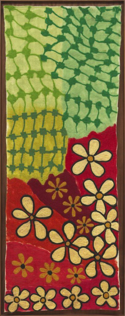 Pauline Shaw Untitled (flowers), 2024 felted dyed wool in Tzalam wood frame 80 x 31 1/2 in. (203.2 x 80 cm.)