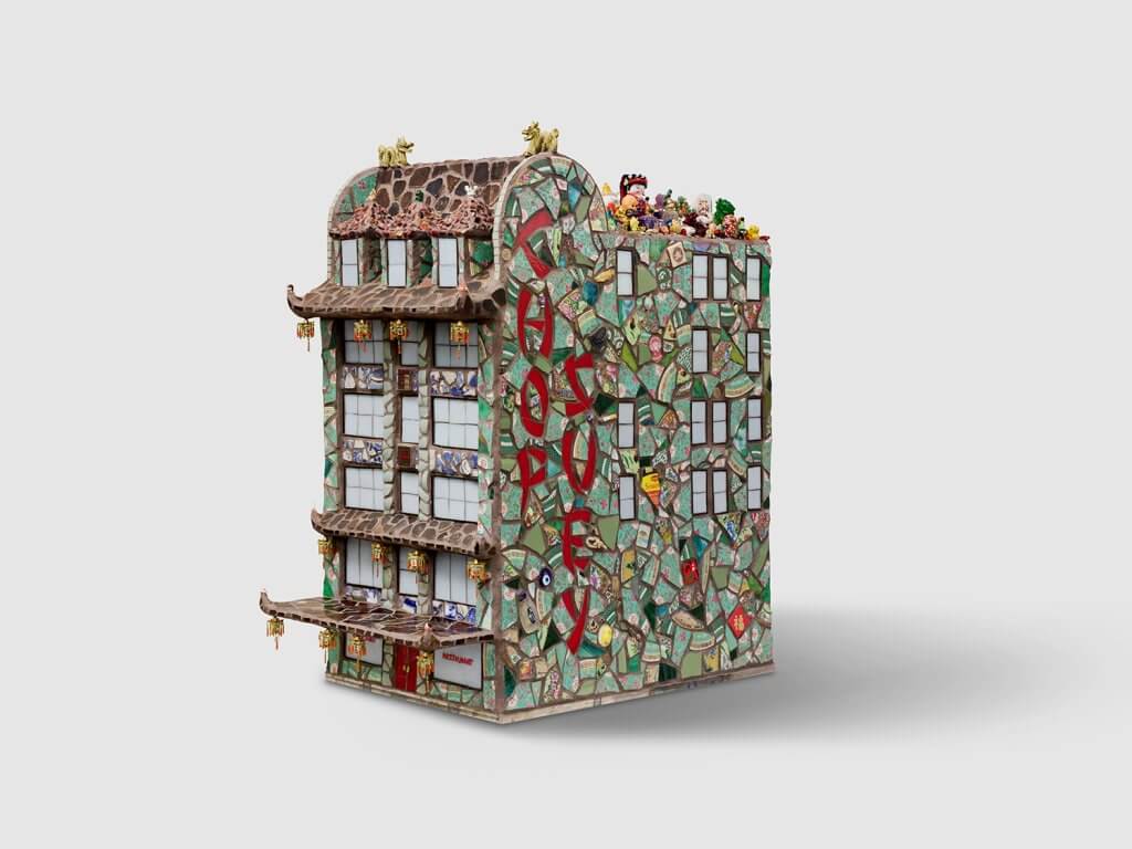 Stephanie H. Shih Toy Building (Dream House), 2025 Chinese export porcelain, crowdsourced and found objects, archaeological ceramic fragments from a Chinese fishing village on Monterey Bay (c. 1850–1906), stained glass, polished stones, ceramic, glass rods, resin, enamel, and grout on ferrocement, polystyrene, and steel 51 x 25 x 45 in. (129.5 x 63.5 x 114.3 cm.)