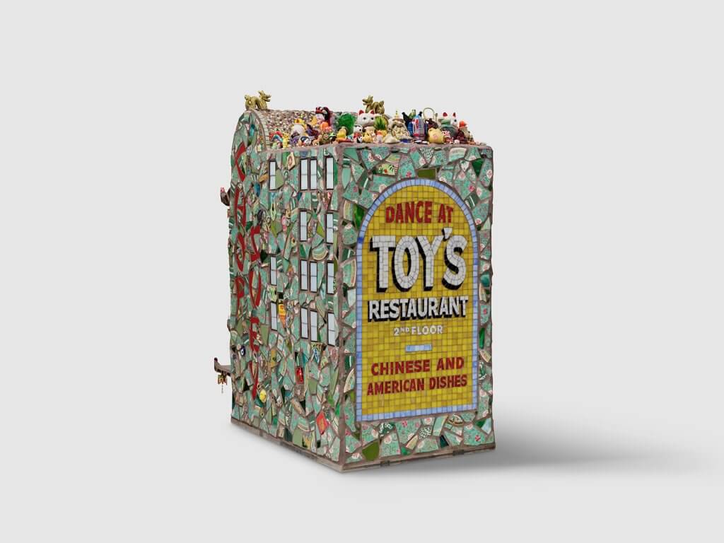 Stephanie H. Shih Toy Building (Dream House), 2025 Chinese export porcelain, crowdsourced and found objects, archaeological ceramic fragments from a Chinese fishing village on Monterey Bay (c. 1850–1906), stained glass, polished stones, ceramic, glass rods, resin, enamel, and grout on ferrocement, polystyrene, and steel 51 x 25 x 45 in. (129.5 x 63.5 x 114.3 cm.)