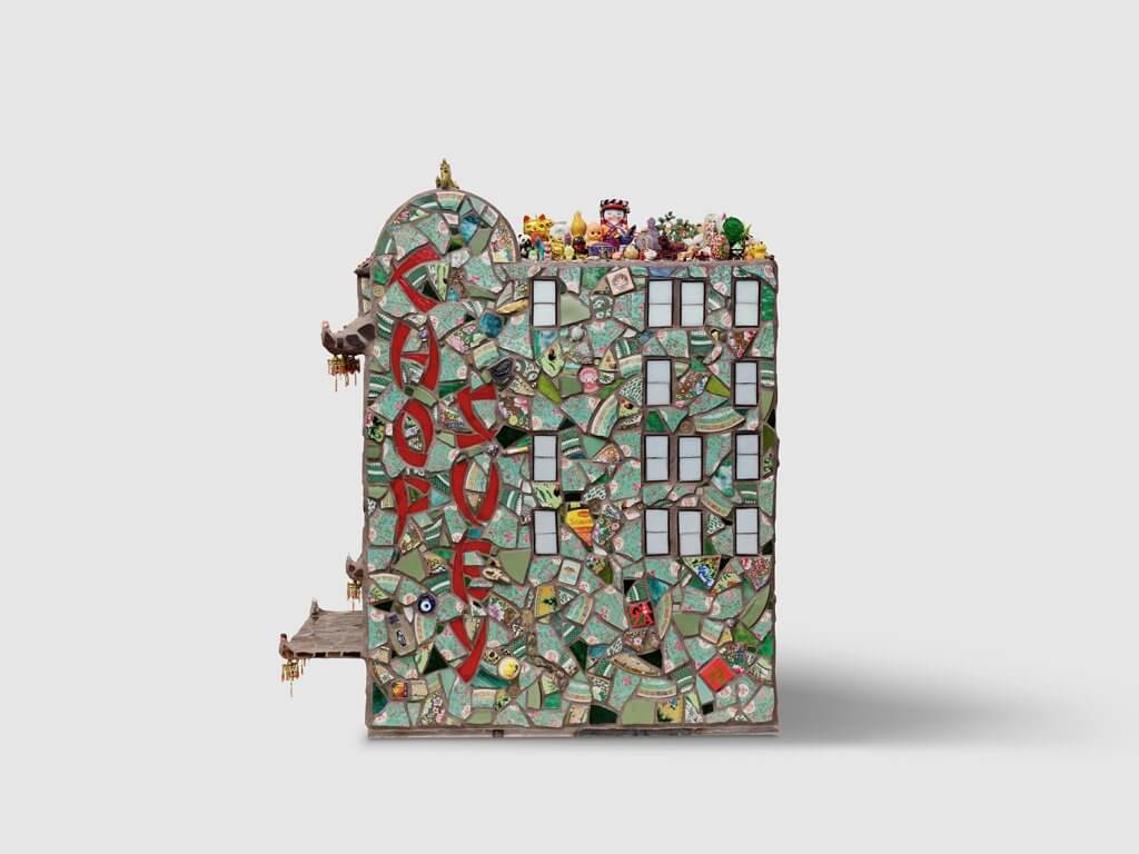 Stephanie H. Shih Toy Building (Dream House), 2025 Chinese export porcelain, crowdsourced and found objects, archaeological ceramic fragments from a Chinese fishing village on Monterey Bay (c. 1850–1906), stained glass, polished stones, ceramic, glass rods, resin, enamel, and grout on ferrocement, polystyrene, and steel 51 x 25 x 45 in. (129.5 x 63.5 x 114.3 cm.)