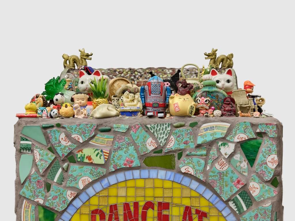 Stephanie H. Shih Toy Building (Dream House), 2025 Chinese export porcelain, crowdsourced and found objects, archaeological ceramic fragments from a Chinese fishing village on Monterey Bay (c. 1850–1906), stained glass, polished stones, ceramic, glass rods, resin, enamel, and grout on ferrocement, polystyrene, and steel 51 x 25 x 45 in. (129.5 x 63.5 x 114.3 cm.)