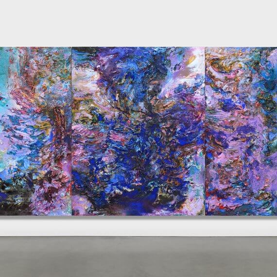 Gabriel Mills Jeiourmyne, 2025 oil on wood panel, triptych 78 x 132 in. (198.1 x 335.3 cm.) panel 1: 78 x 36 in. (198.1 x 91.4 cm.) panel 2: 78 x 36 in. (198.1 x 91.4 cm.) panel 3: 78 x 60 in. (198.1 x 152.4 cm.)