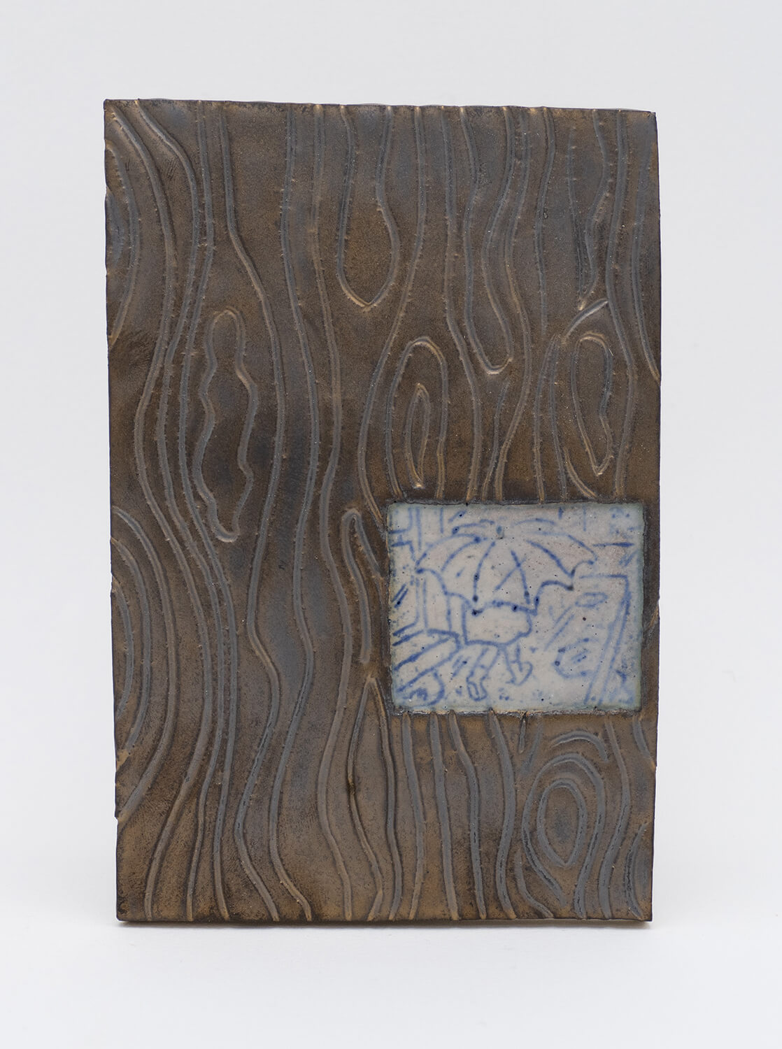 Kevin McNamee-Tweed Magnesium Wood Grain with Rainy Day Scene, 2025-26 glazed ceramic 6 1/4 x 4 1/4 in. (15.9 x 10.8 cm.)