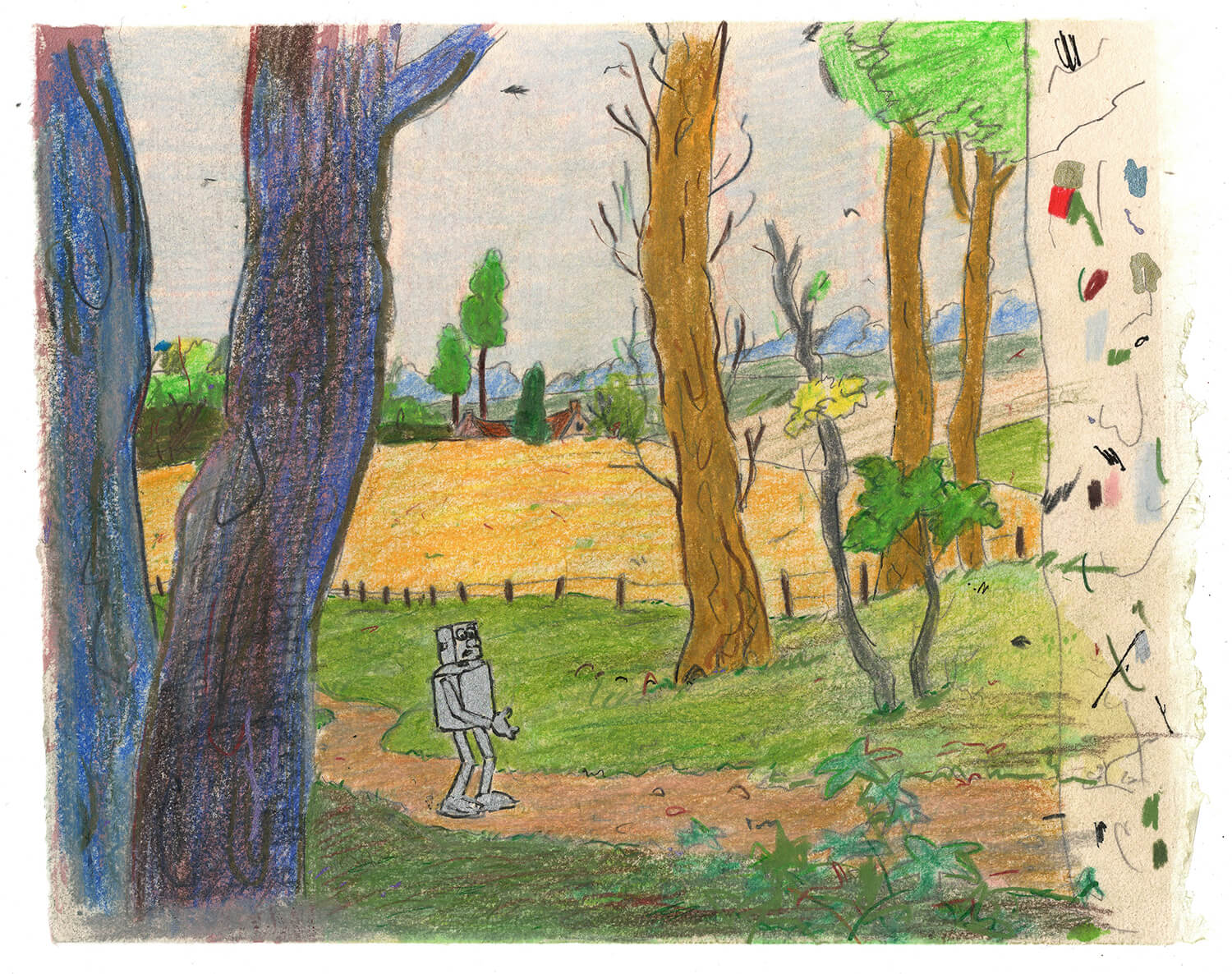 Kevin McNamee-Tweed Untitled (Robot Walking), 2025 pencil, pastel, ink, graphite on mulberry paper, framed 6 3/4 x 8 1/2 in. (17.1 x 21.6 cm.)