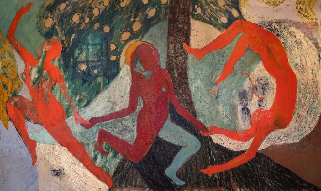 Emma Fineman Lambda (RYB), 2026 oil, encaustic, hessian, newsprint and charcoal on linen, triptych overall: 90 3/4 x 153 3/4 in. (230 x 390.6 cm.) each: 90 3/4 x 51 1/4 in. (230.5 x 130.2 cm.)