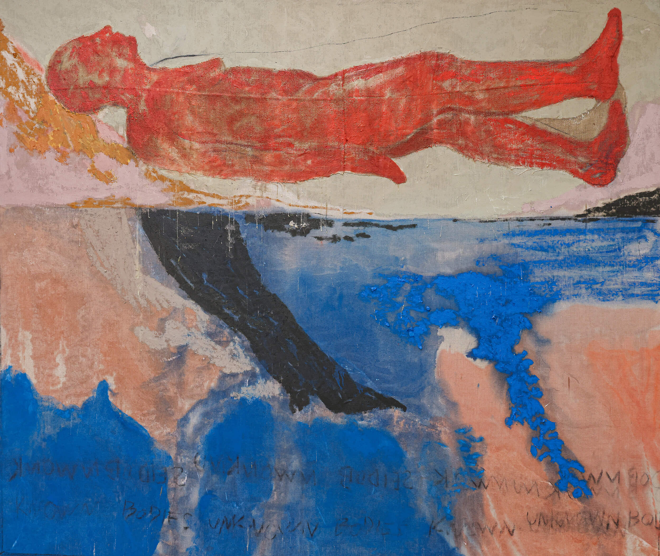 Emma Fineman Known Bodies Unknown Bodies Known Bodies, 2025 oil, encaustic, hessian and charcoal on linen 70 7/8 x 82 5/8 in. (180 x 210 cm.)