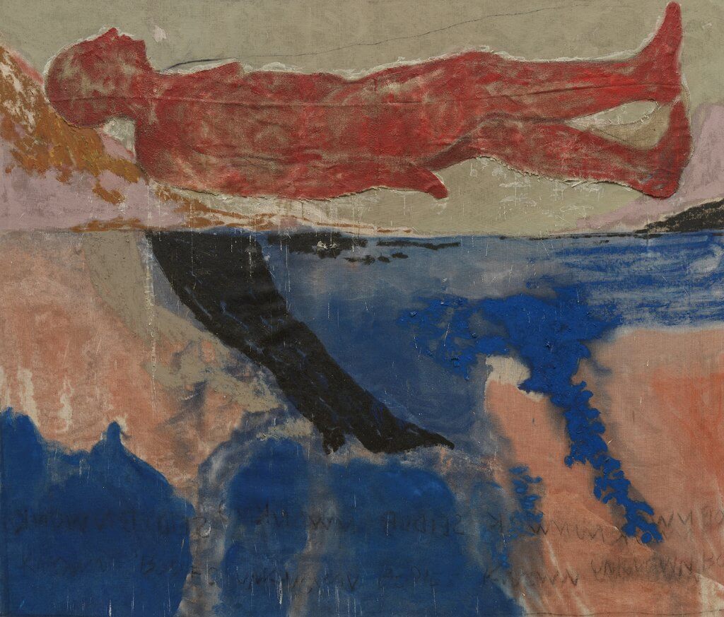 Emma Fineman Known Bodies Unknown Bodies Known Bodies, 2025 oil, encaustic, hessian and charcoal on linen 70 7/8 x 82 5/8 in. (180 x 210 cm.)