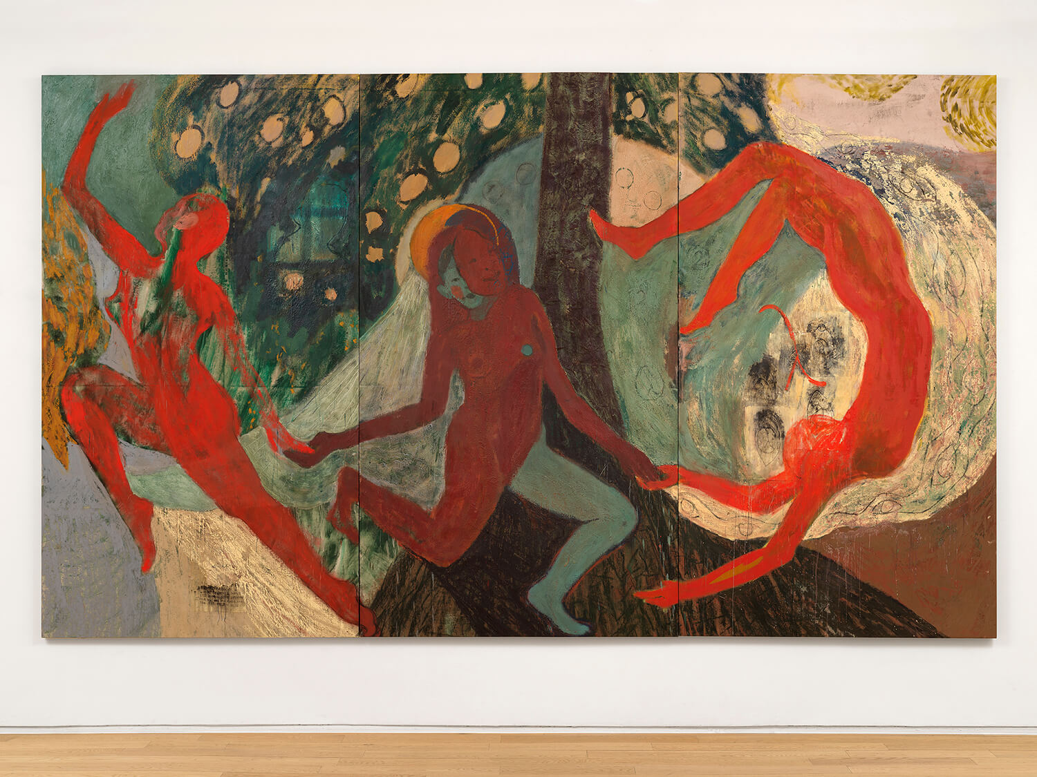 Emma Fineman Lambda (RYB), 2026 oil, encaustic, hessian, newsprint and charcoal on linen, triptych overall: 90 3/4 x 153 3/4 in. (230 x 390.6 cm.) each: 90 3/4 x 51 1/4 in. (230.5 x 130.2 cm.)