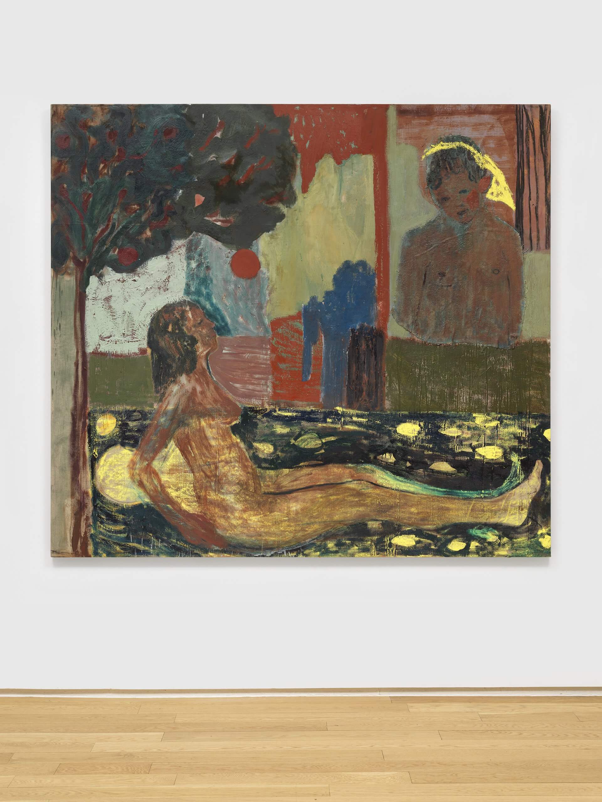 Emma Fineman Low Hanging Fruit, 2026 oil, encaustic, hessian and charcoal on linen 70 7/8 x 78 3/4 in. (180 x 200 cm.)