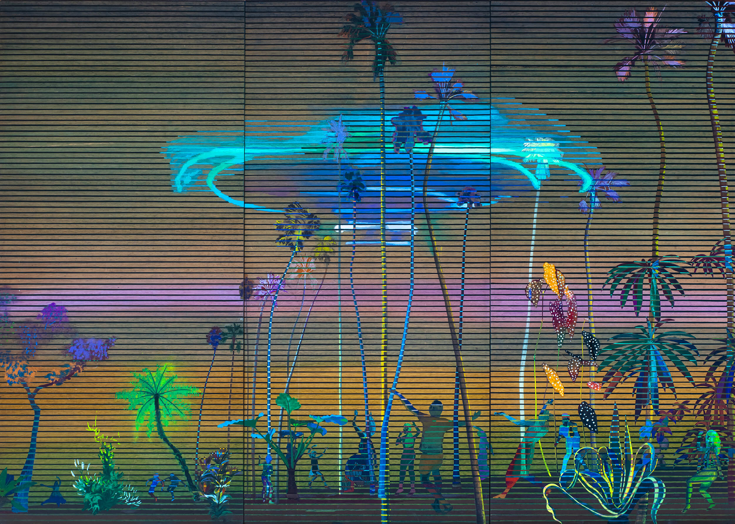 Hulda Guzmán The veil is thinning, 2026 acrylic gouache and watercolor ink on cedar plywood, triptych overall: 48 x 67 1/2 in. (121.9 x 171.4 cm.) each: 48 x 22 1/2 in. (121.9 x 57.1 cm.)