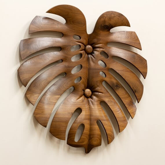 Raul De Lara Soft Monstera, 2026 walnut, polyx-wax 48 x 47 x 4 1/2 in. (121.9 x 119.4 x 11.4 cm.)