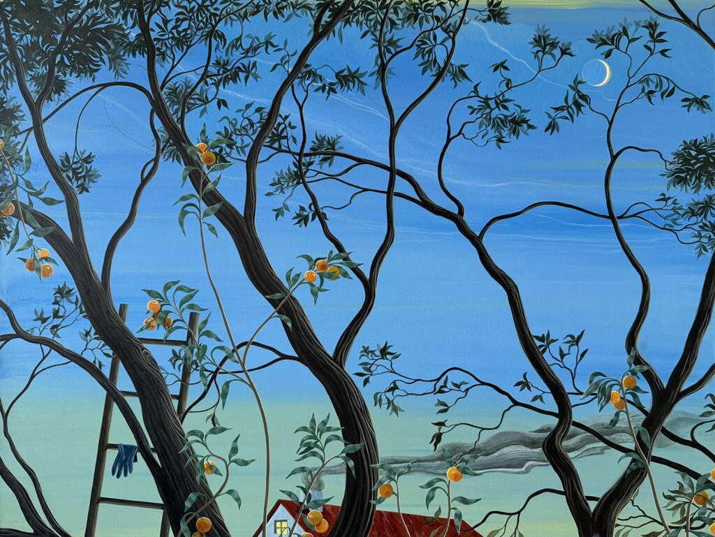 Azadeh Nia Through the Orange Trees, 2026 acrylic on panel 18 x 24 in. (45.7 x 61 cm.)